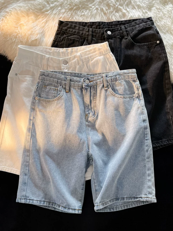 Quần short denim màu trơn cho nam, phong cách Harajuku, quần lửng rộng rãi thoải mái, quần short ống thẳng đa năng hợp thời trang mùa hè.