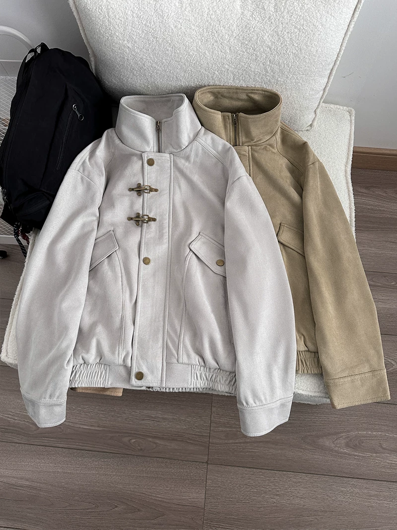 Áo khoác cổ đứng phong cách retro Mỹ dành cho nam và nữ, áo khoác ngoài dáng rộng mùa xuân thu, thương hiệu thời thượng với thiết kế khóa hình máy bay.