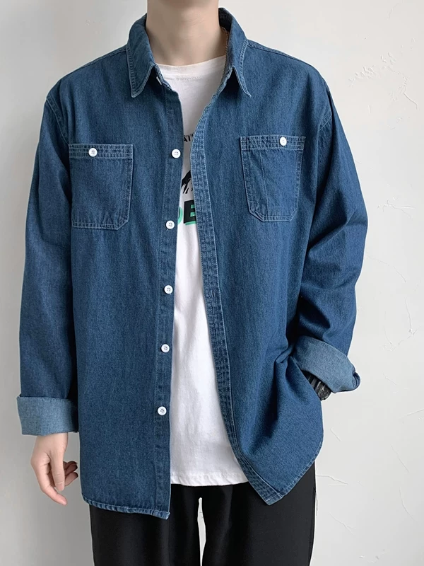 Áo sơ mi denim nam, dài tay, phong cách Hàn Quốc, hợp thời trang, sành điệu, áo sơ mi thường ngày, phong cách Hồng Kông mùa thu, đa năng, áo khoác thường ngày thương hiệu hợp thời trang