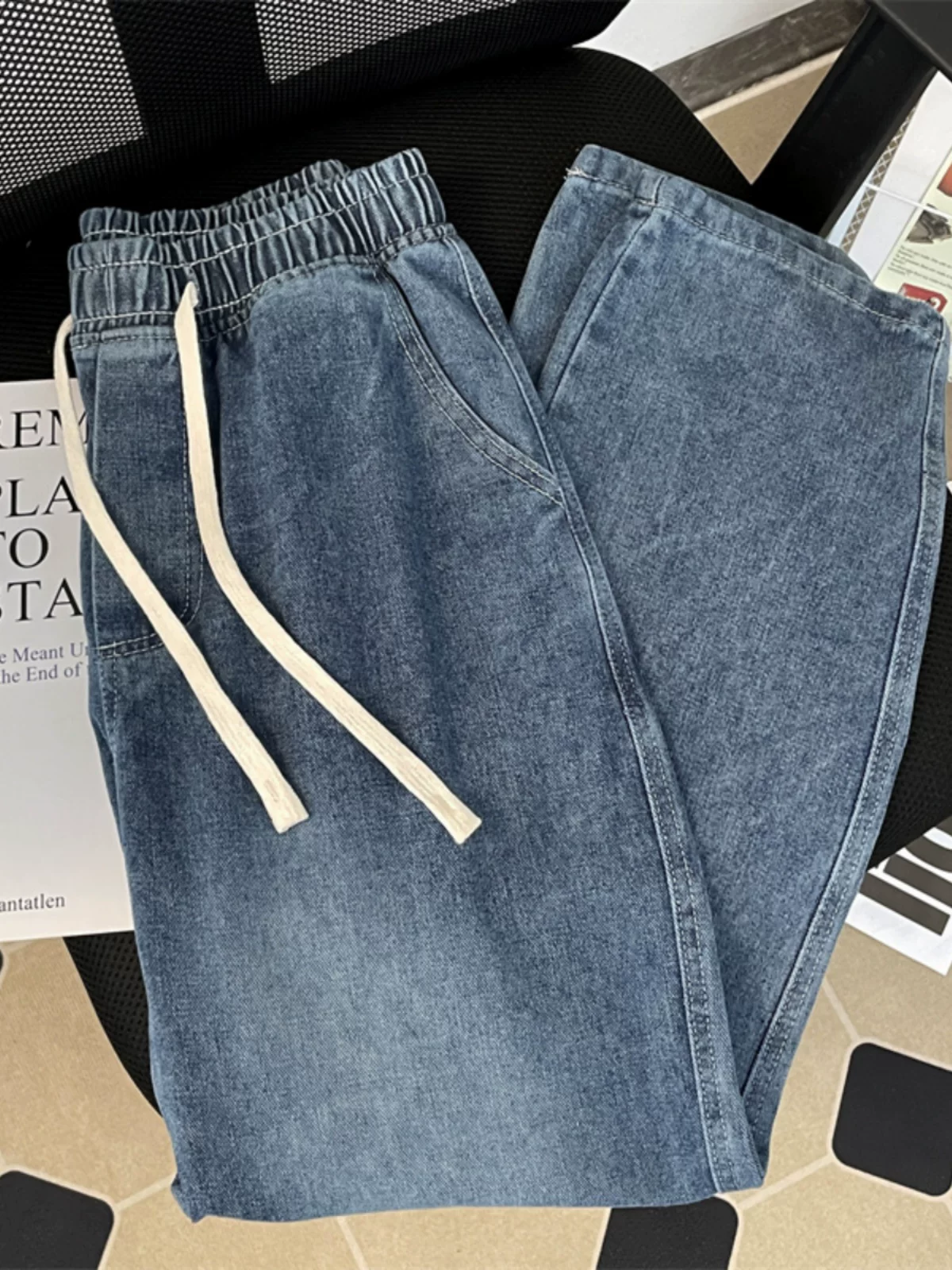 Quần jean lưng thun thương hiệu thời thượng dành cho nam, quần ống rộng dáng suông mùa xuân, quần đa năng phong cách Mỹ.