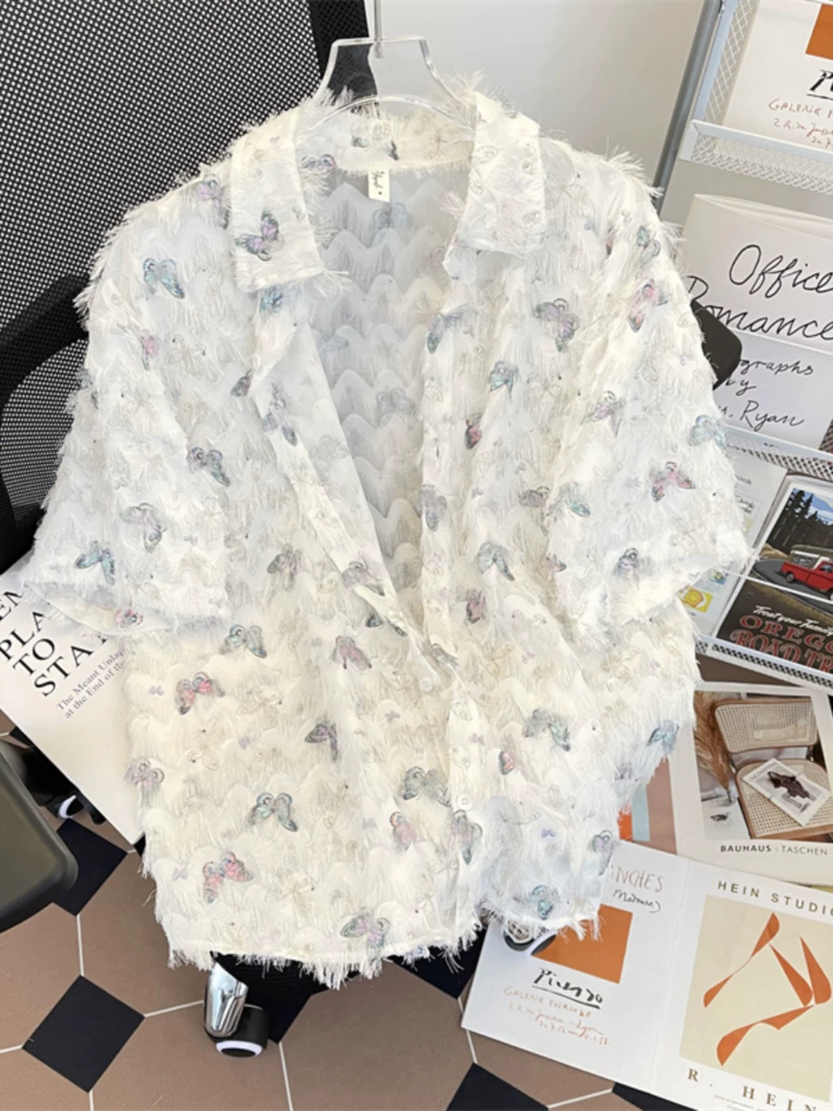 Áo sơ mi tua rua bướm jacquard nam tay ngắn cao cấp hàng đầu mùa hè dáng rộng thương hiệu thời trang Mỹ áo sơ mi cặp đôi áo khoác