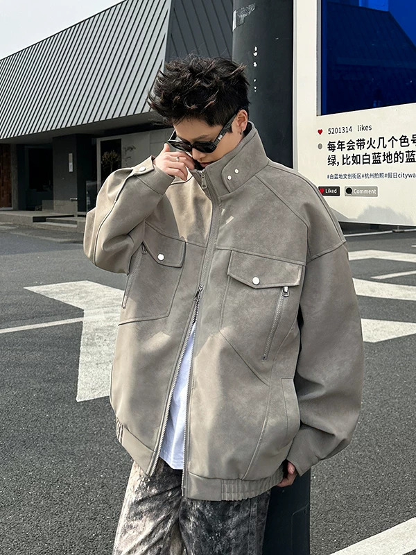 Áo khoác da PU cao cấp dành cho nam, áo khoác da biker cổ đứng phong cách Mỹ cổ điển, áo khoác cặp đôi thương hiệu thời thượng dáng rộng dành cho mùa xuân và mùa thu.