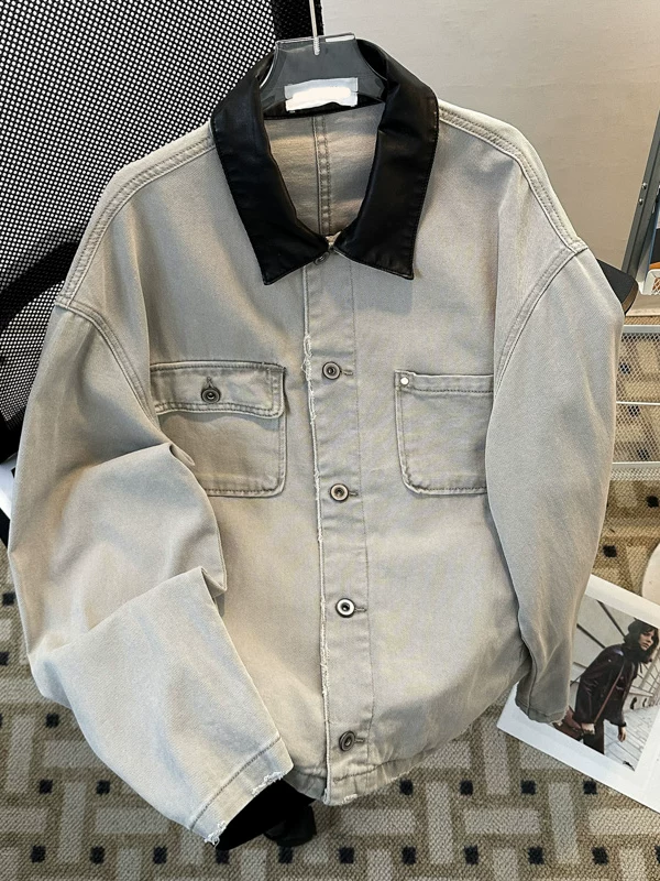 Áo khoác da PU kiểu Mỹ phối chất liệu, áo khoác denim nam mùa xuân thu, kiểu dáng rộng rãi, hợp thời trang, thiết kế cổ điển.