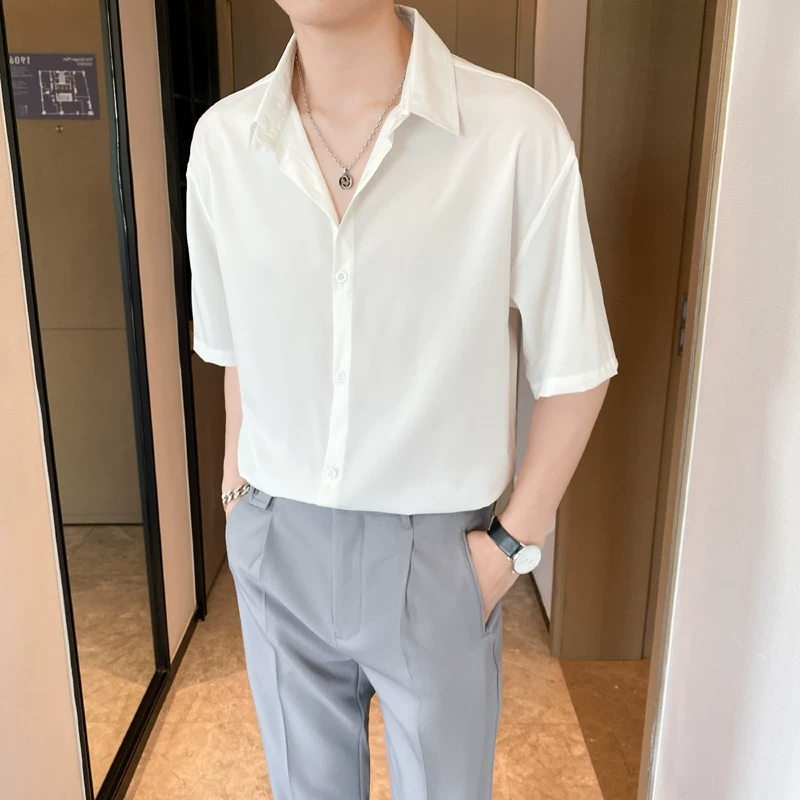 Áo sơ mi ngắn tay mỏng mùa hè phong cách Nhật Bản Áo sơ mi ngắn tay lụa băng nam phiên bản Hàn Quốc áo kiểu dáng rủ mát mẻ hợp thời trang