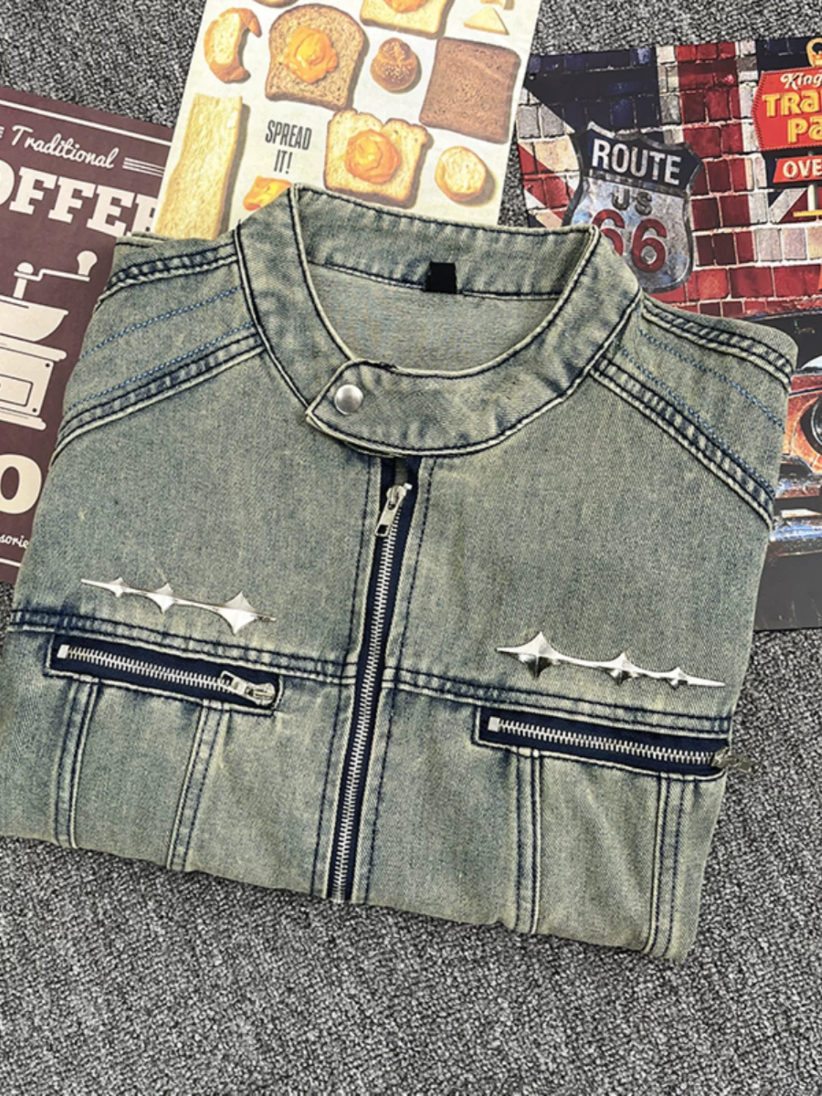 Áo khoác denim rách có đệm vai dành cho nam, mùa xuân thu, áo kiểu dáng rộng hợp thời trang, áo khoác công sở ngắn kiểu Mỹ cleanfit.