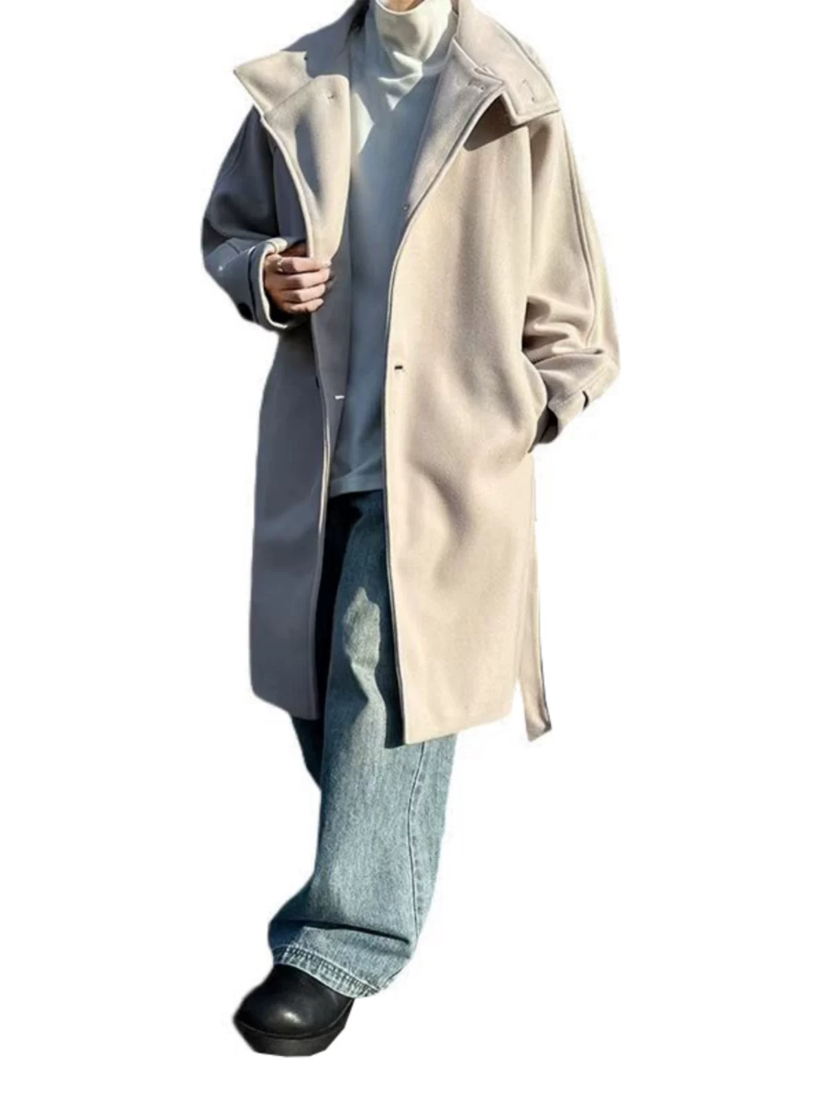 Áo khoác len nam thời trang thu đông, cổ đứng dày dặn phong cách Anh, dáng rộng, hợp xu hướng, dài trung bình.