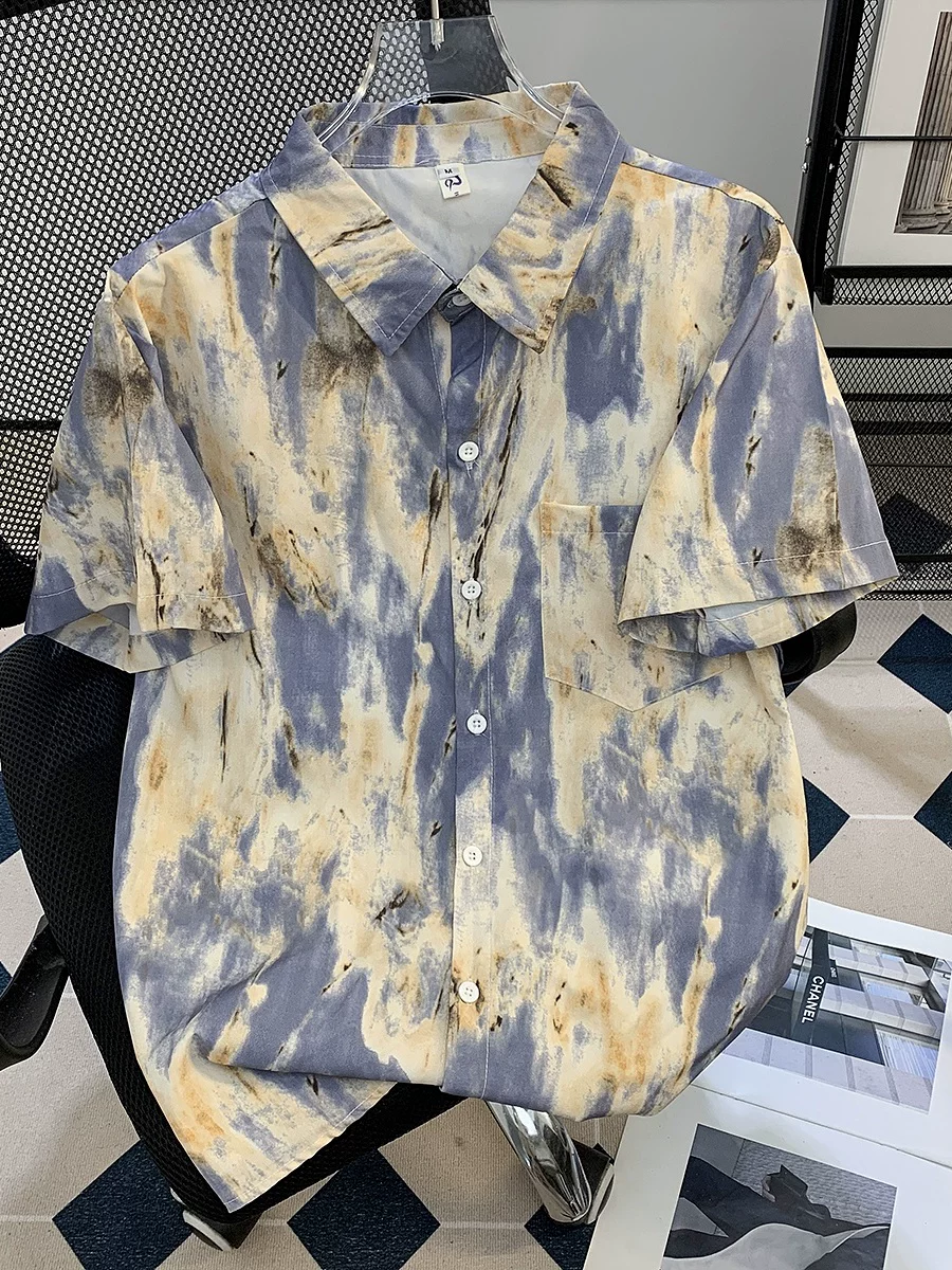 Áo sơ mi ngắn tay chất liệu lụa băng nhuộm tie-dye dành cho nam, áo kiểu Mỹ mùa hè rộng rãi thoải mái, áo kiểu Hawaii phóng khoáng