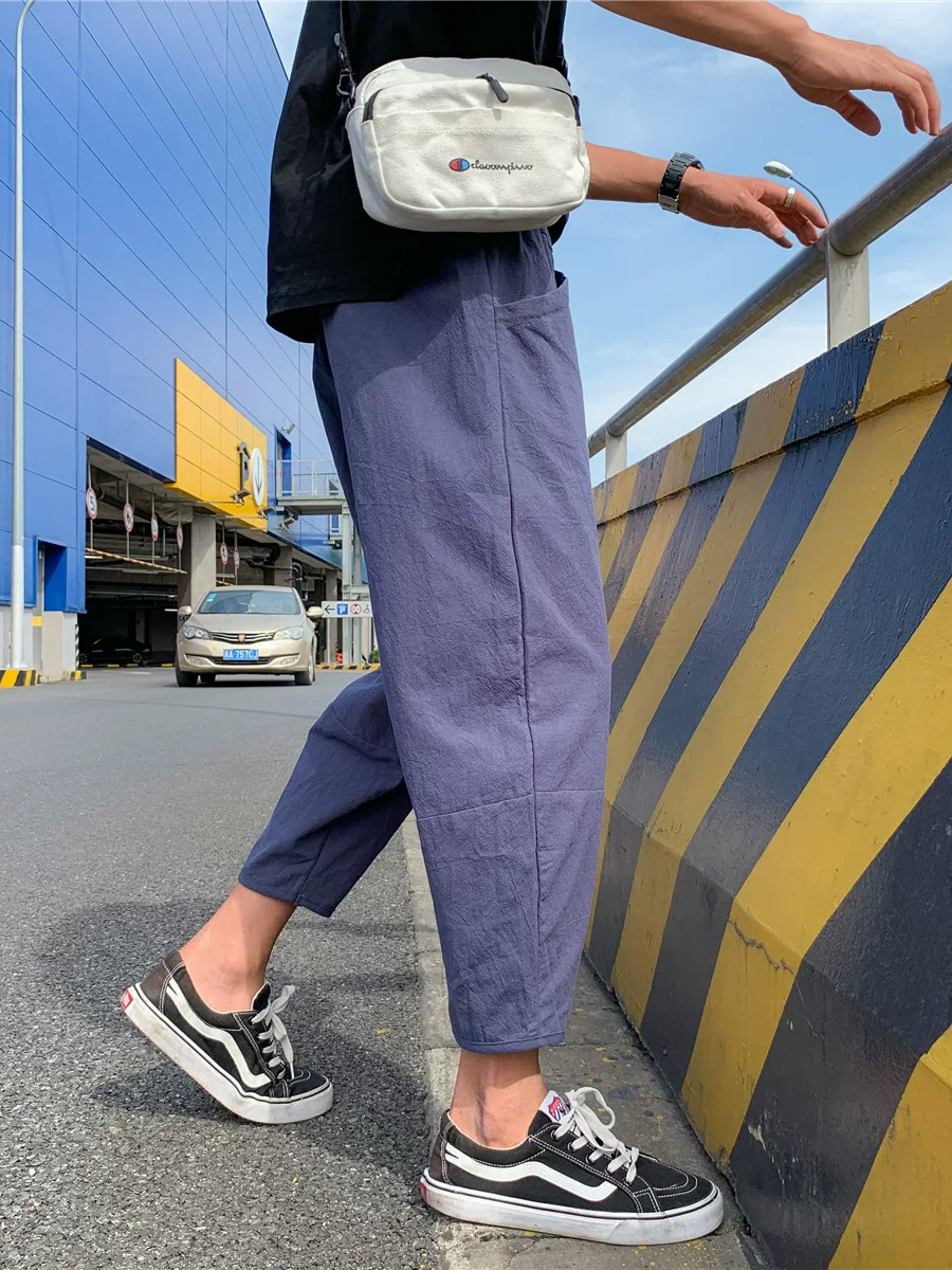 Quần ống đứng màu trơn mỏng phong cách Harajuku mùa hè dành cho nam, quần lửng thời trang Nhật Bản, dáng rộng, dài 9/10, quần thường ngày