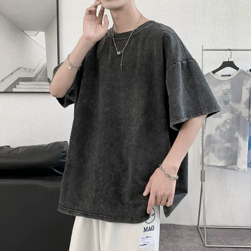 Áo thun ngắn tay cho nam, áo thun kiểu Hồng Kông thời thượng, dáng rộng, phong cách retro, rách nhẹ, áo thun tay lửng đa năng, mát mẻ mùa hè.