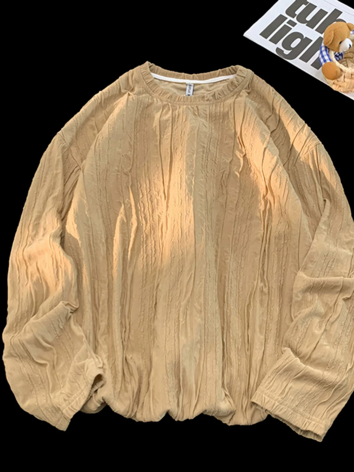 Áo thun nam tay dài thiết kế xếp ly, áo thun cơ bản thời trang xuân thu, kiểu dáng rộng rãi thoải mái phong cách Hàn Quốc