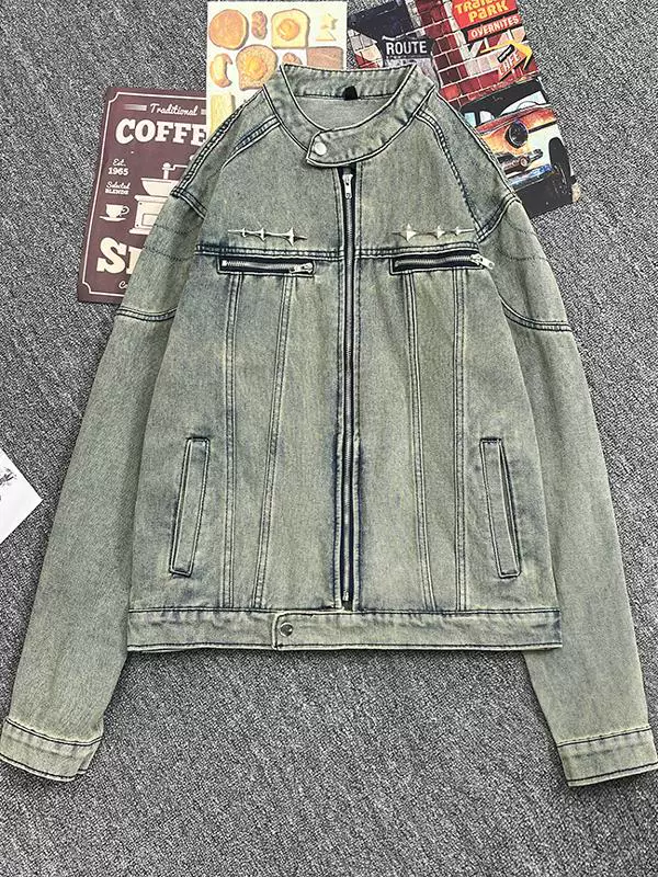 Áo khoác denim rách có đệm vai dành cho nam, mùa xuân thu, áo kiểu dáng rộng hợp thời trang, áo khoác công sở ngắn kiểu Mỹ cleanfit.