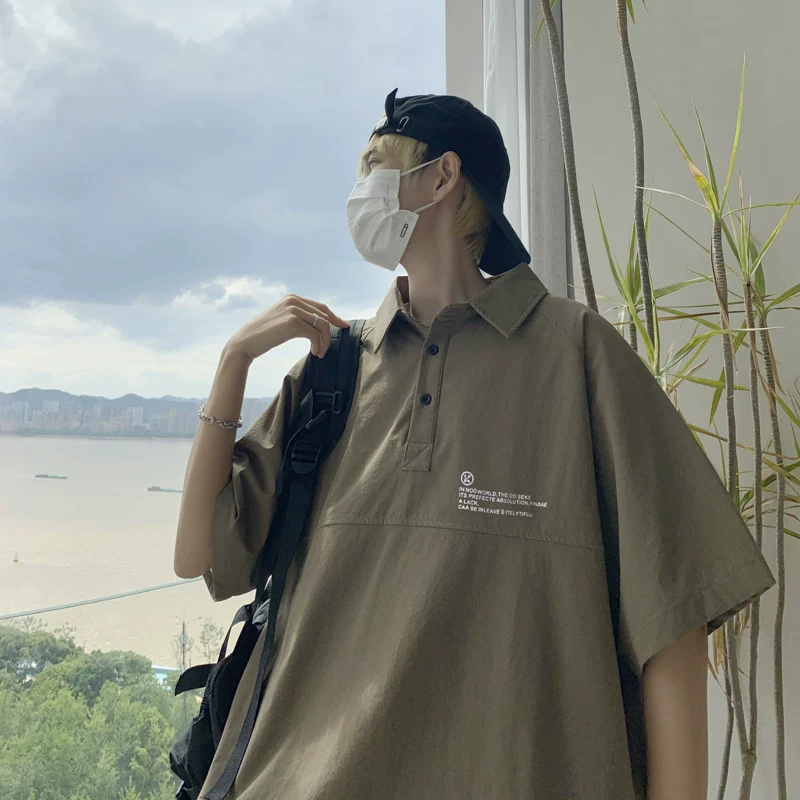 Áo thun ngắn tay phong cách retro Mỹ dành cho nam, áo polo công sở dáng rộng hợp thời trang mùa hè, áo thun tay lửng cá tính, thoải mái.