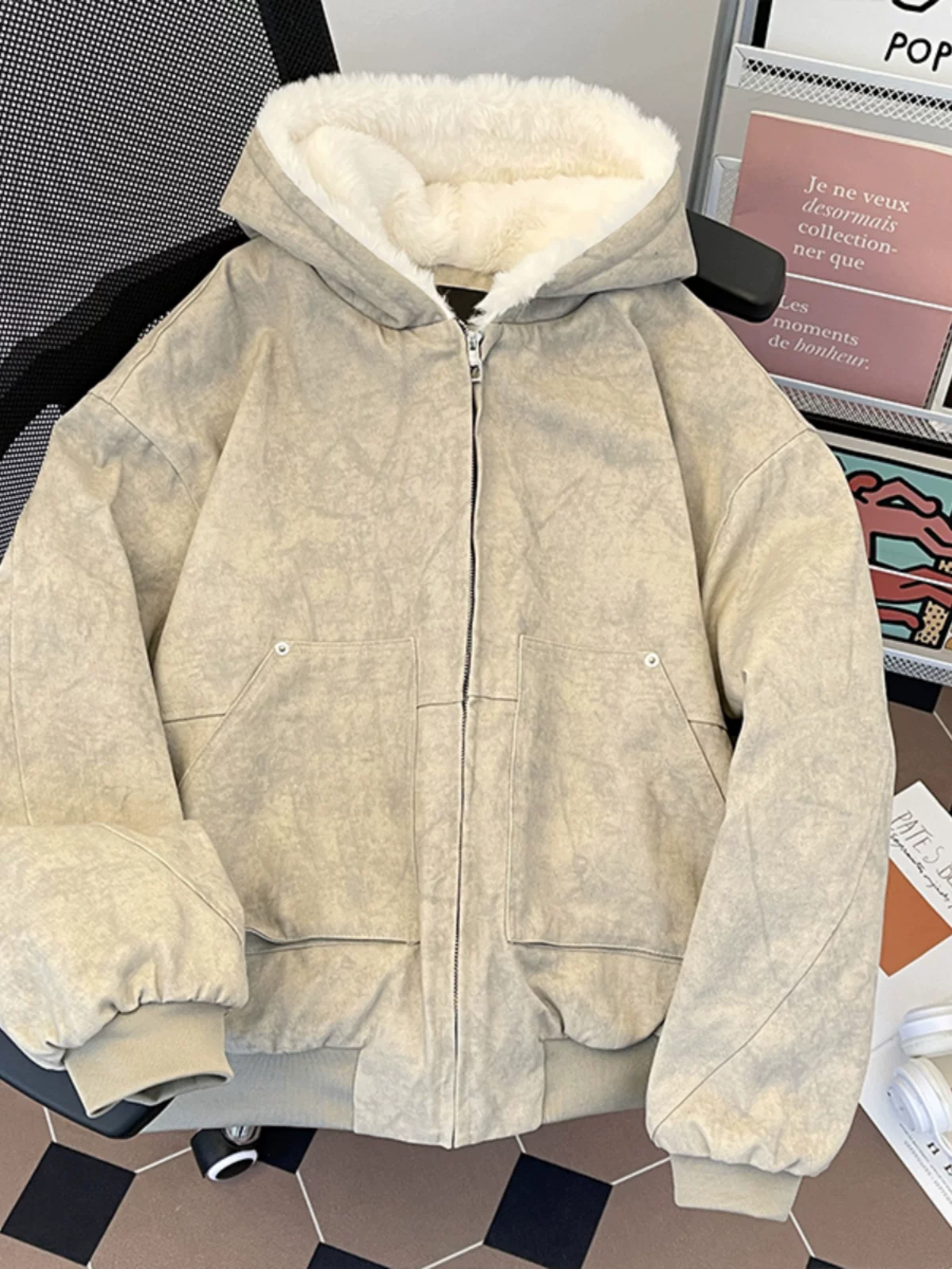 Áo khoác cotton lót lông cừu dày dặn cho nam và nữ, áo khoác bông len cừu mùa đông, áo khoác bông ngắn có mũ kiểu Mỹ thời trang.