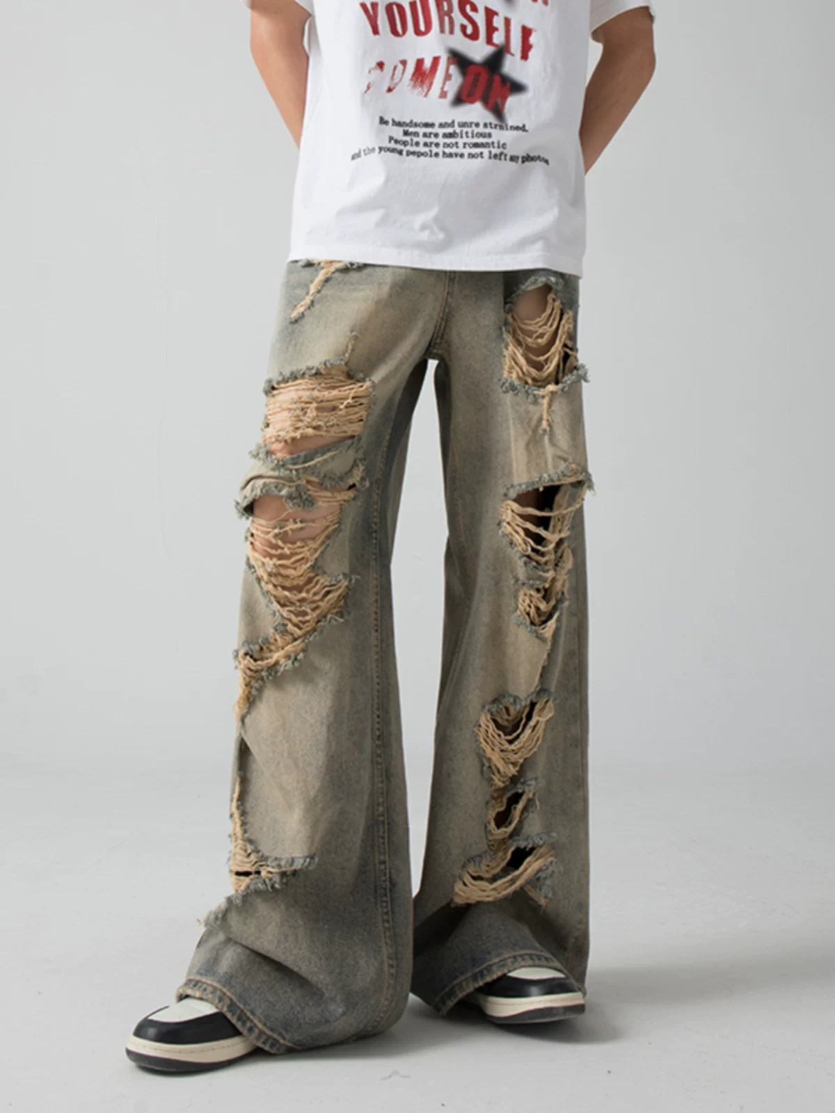 Quần jeans rách phong cách hip-hop dành cho nam, kiểu Mỹ thời thượng, quần phong cách wasteland, quần ống rộng dài chạm đất mùa hè.