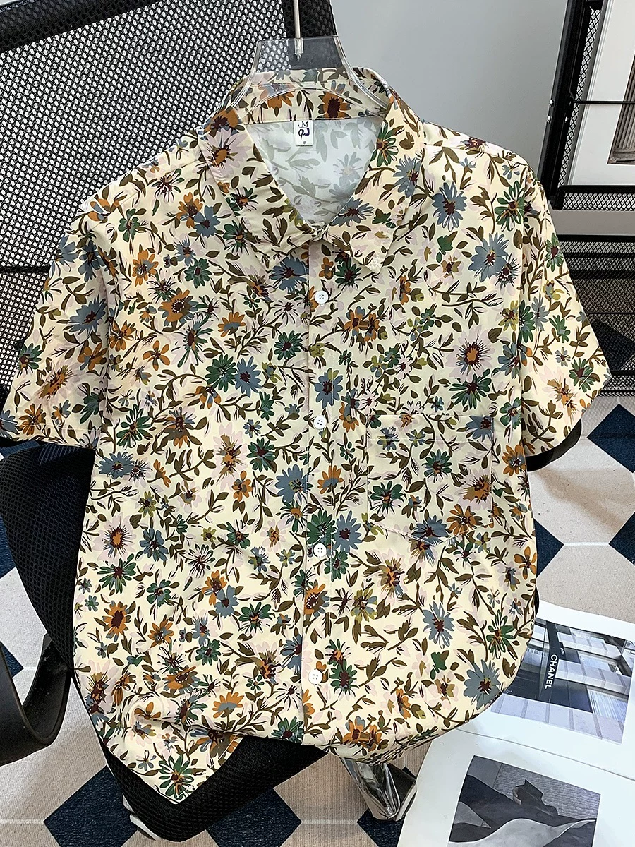 Áo sơ mi ngắn tay in họa tiết hoa cúc cho nam, áo sơ mi nửa tay dáng rộng phong cách vintage mùa hè, áo khoác đi biển Hawaii hợp thời trang