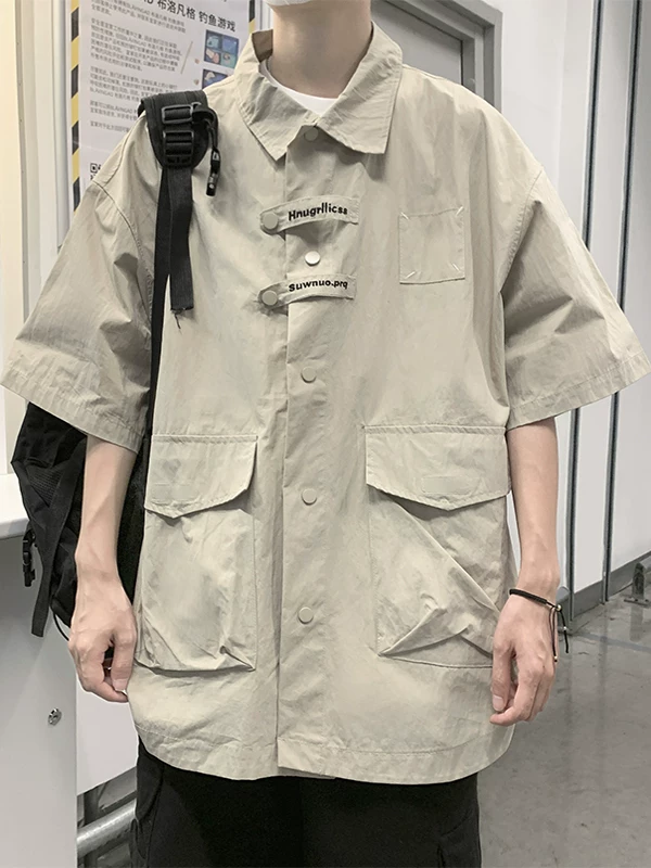 Áo sơ mi công sở có túi lớn dành cho nam, áo sơ mi ngắn tay kiểu cityboy Nhật Bản mùa hè, áo khoác mỏng dáng rộng thương hiệu thời thượng.