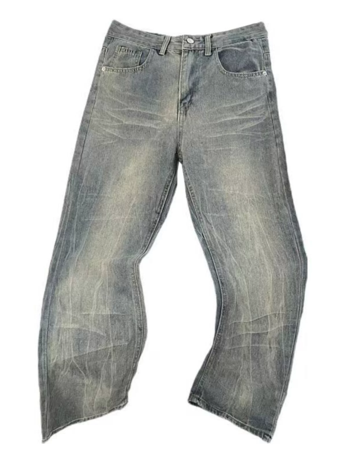 Quần jeans chất liệu tre đã qua xử lý dành cho nam, quần phong cách Mỹ cổ điển mùa xuân thu, quần dài ống rộng dáng suông thời thượng.
