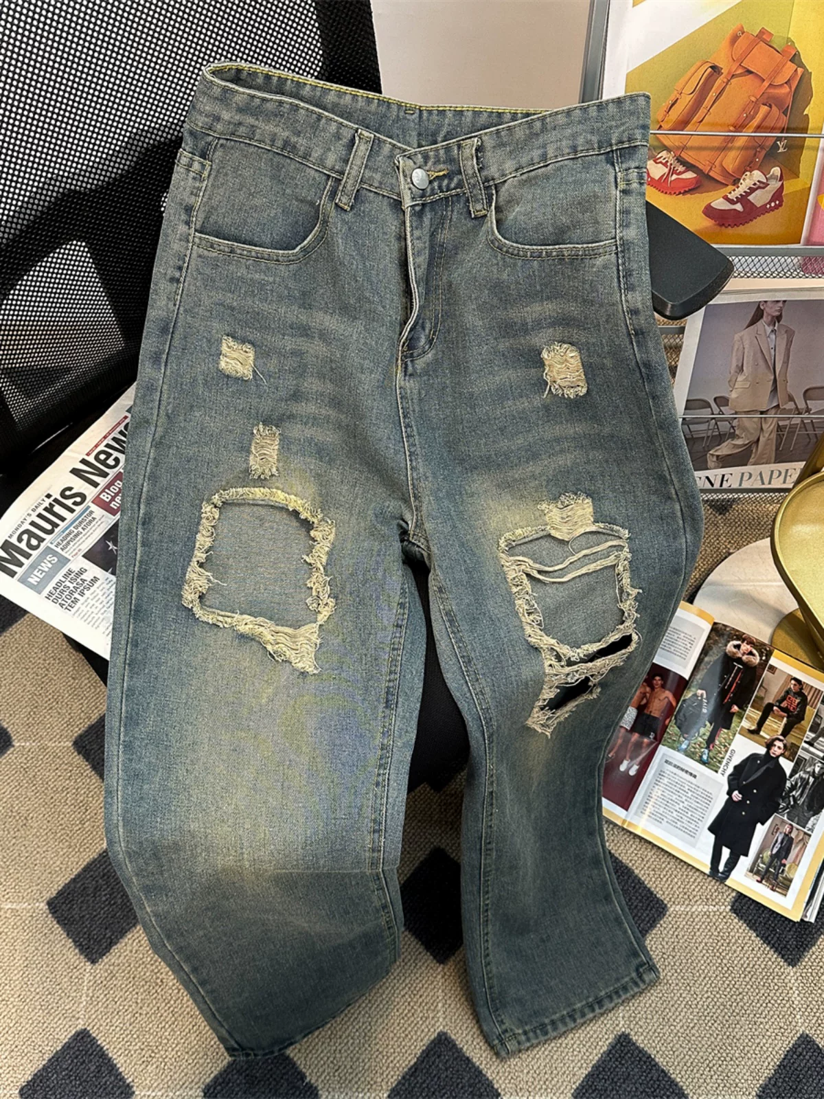 Quần jeans rách nam mùa xuân thu phong cách Mỹ retro thời thượng thương hiệu hip-hop, quần ống rộng vintage giặt mài