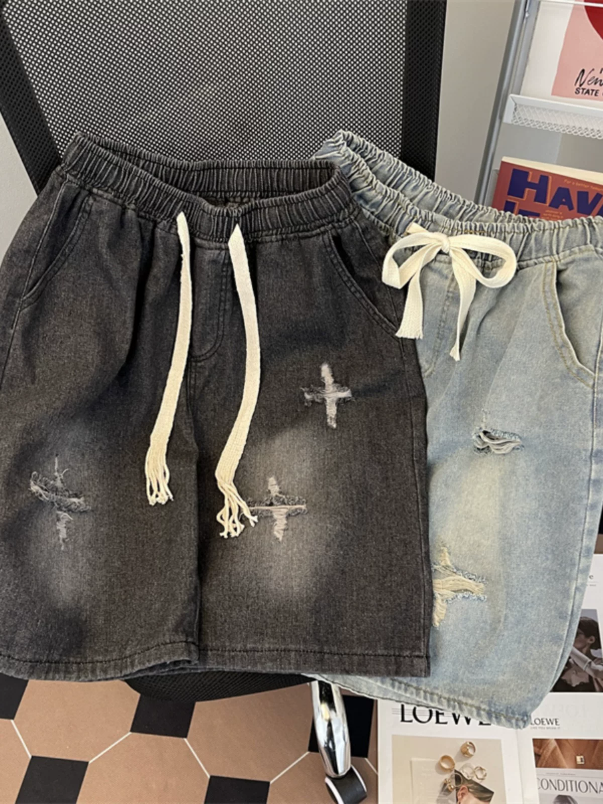 Quần short denim rách phong cách INS mùa hè, quần vintage dáng rộng, quần short nam thời trang kiểu Mỹ, dài đến đầu gối.