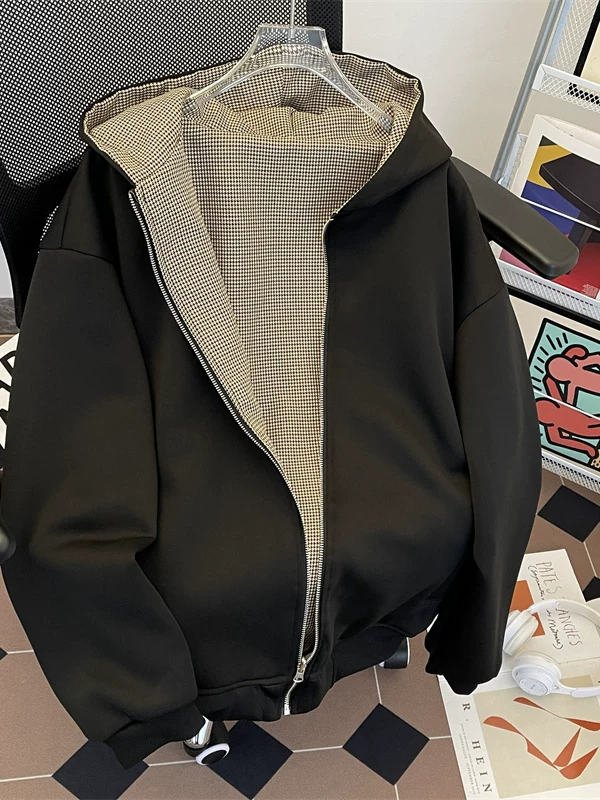 Áo len cardigan có thể đảo ngược dành cho nam, phong cách xuân thu, họa tiết răng cưa kiểu Mỹ cổ điển, quần áo có mũ trùm đầu rộng rãi hợp thời trang dành cho cặp đôi.