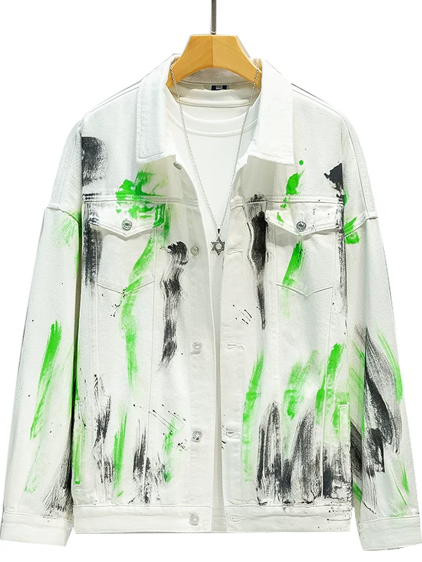 Áo khoác denim tie-dye phong cách graffiti dành cho nam, áo khoác thời trang xuân thu, áo khoác kiểu Hồng Kông BF rộng rãi, phong cách đường phố retro, áo khoác công sở.
