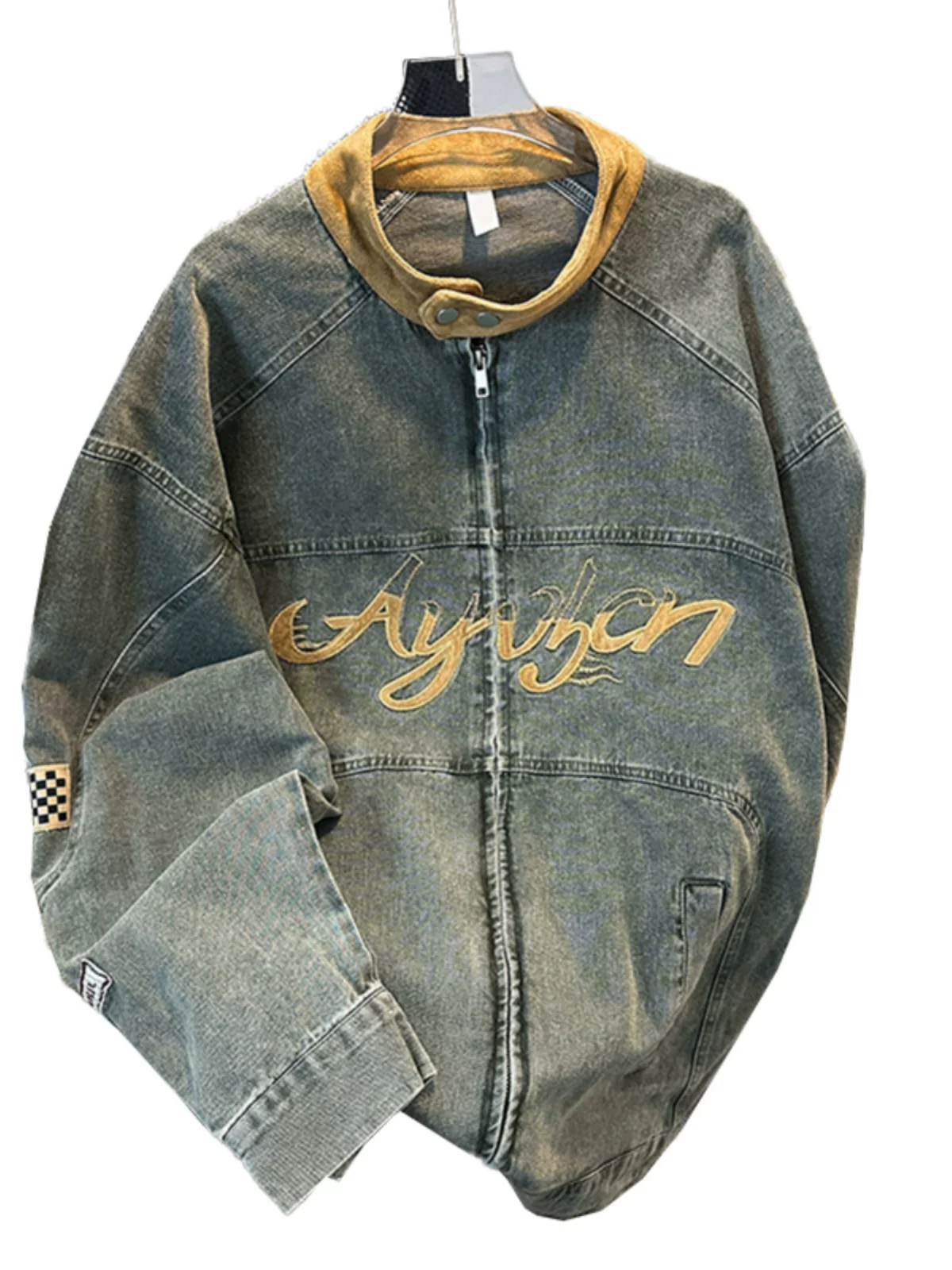 Áo khoác denim thêu họa tiết cổ điển của Mỹ dành cho nam, dáng rộng, cổ đứng, áo khoác thường ngày, áo khoác công sở hợp thời trang mùa xuân thu.