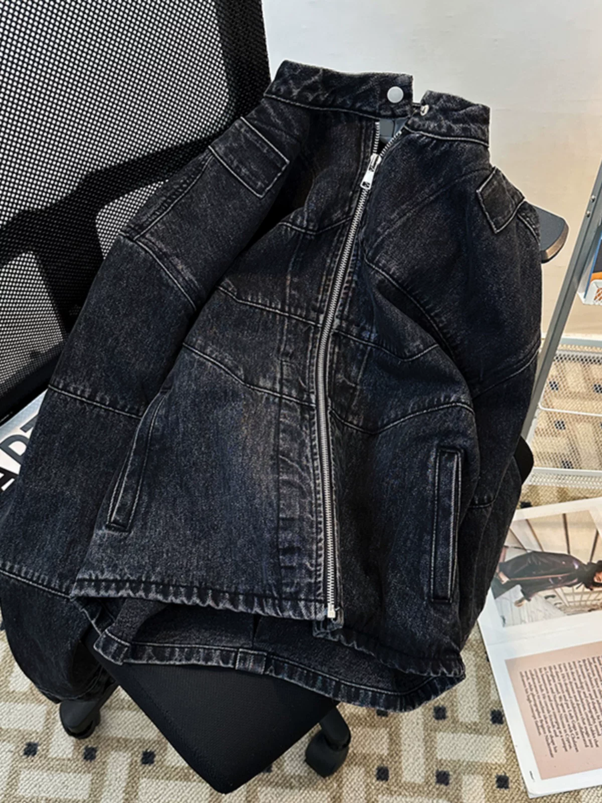 Áo khoác denim nam chất liệu dày dặn, phong cách Mỹ thời thượng, giặt mài vintage, dáng rộng, ngắn, mặc thường ngày cho mùa xuân và mùa thu.