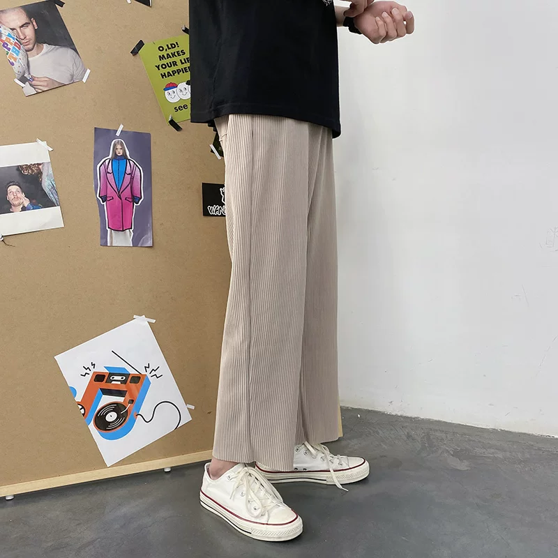 Quần lụa mỏng mùa hè dành cho nam, phong cách BF Hồng Kông, quần ống rộng dáng suông, quần ống đứng ngắn thời trang Hàn Quốc sành điệu.