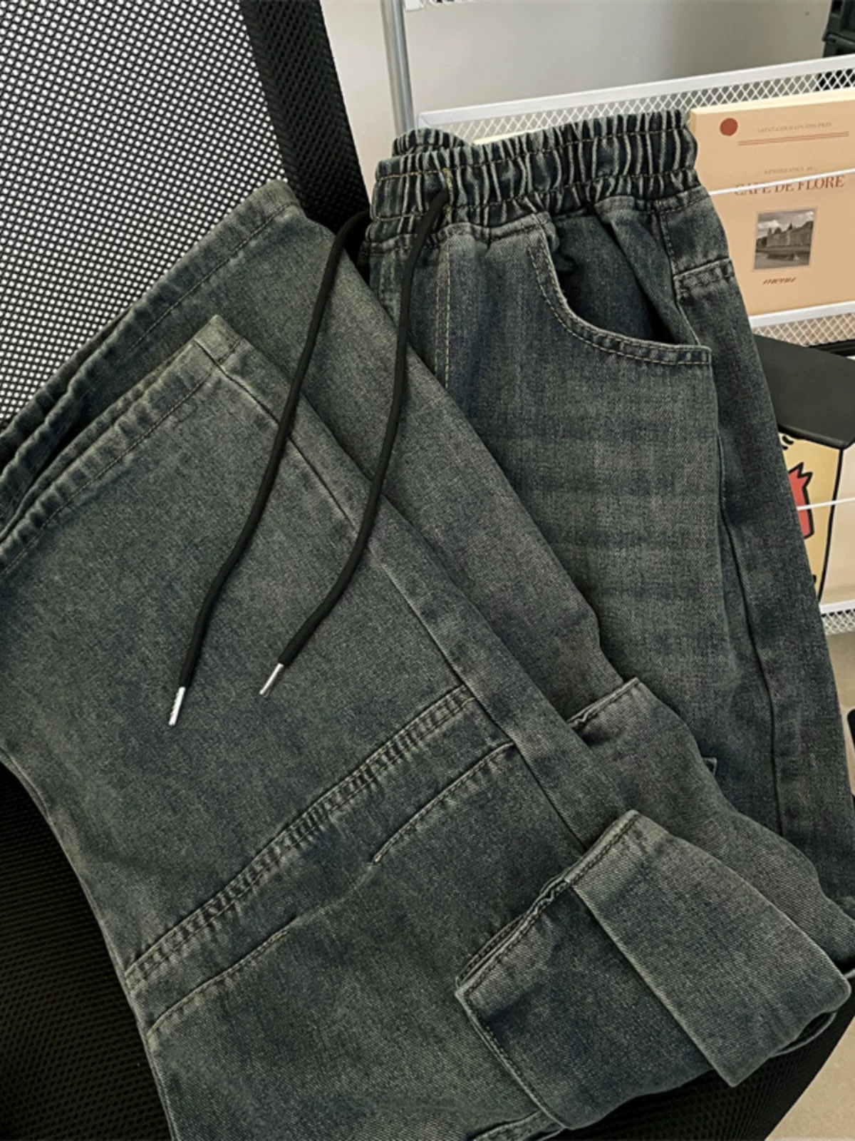 Quần jean công sở nhiều túi thời thượng dành cho nam, quần dài phong cách Mỹ cổ điển mới mùa thu đông, quần ống rộng dài chạm sàn.