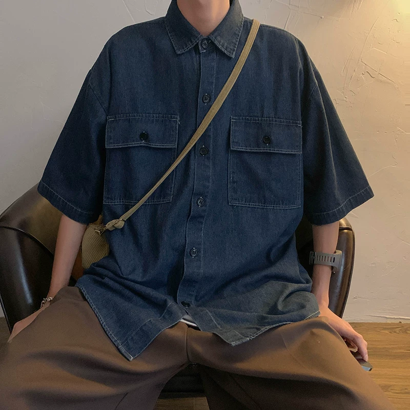 Áo sơ mi denim phong cách retro Nhật Bản dành cho nam, áo sơ mi công sở ngắn tay thương hiệu BF hợp thời trang mùa hè, áo khoác nửa tay rộng rãi thoải mái.