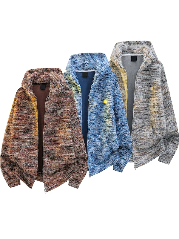 Áo len cardigan có mũ trùm đầu sọc gradient dành cho nam và nữ, áo khoác nỉ dáng rộng phong cách Mỹ mùa thu đông, đồ dệt kim retro hợp thời trang.