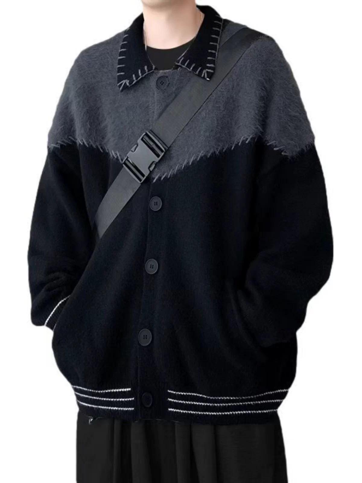 Áo len cardigan phối màu cho nam, áo dệt kim cổ điển kiểu Mỹ, áo khoác dáng rộng hợp thời trang cho mùa xuân và mùa thu.