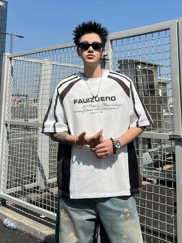 Áo thun ngắn tay phối màu cho nam, phong cách đường phố Mỹ, áo nửa tay cổ tròn cá tính, áo thun phong cách biker thời thượng.