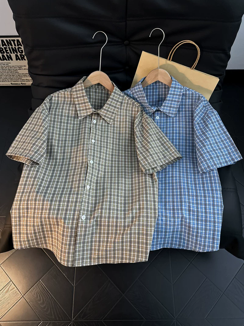 Áo sơ mi ngắn tay kẻ sọc phong cách retro của Mỹ dành cho nam, áo khoác sơ mi dáng rộng mùa hè, áo nửa tay thông thường của thương hiệu thời thượng