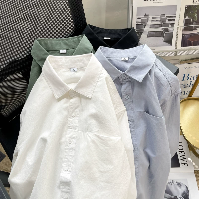 Áo sơ mi dài tay màu trơn cơ bản dành cho nam, áo kiểu Nhật Bản đơn giản, phong cách thường ngày, áo lót mỏng rộng rãi hợp thời trang mùa hè.