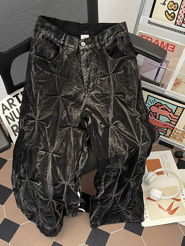 Quần jeans xếp ly dài chạm sàn dành cho nam, thương hiệu thời trang mùa hè, quần ống rộng rách cá tính, quần dài thiết kế độc đáo phong cách Mỹ.