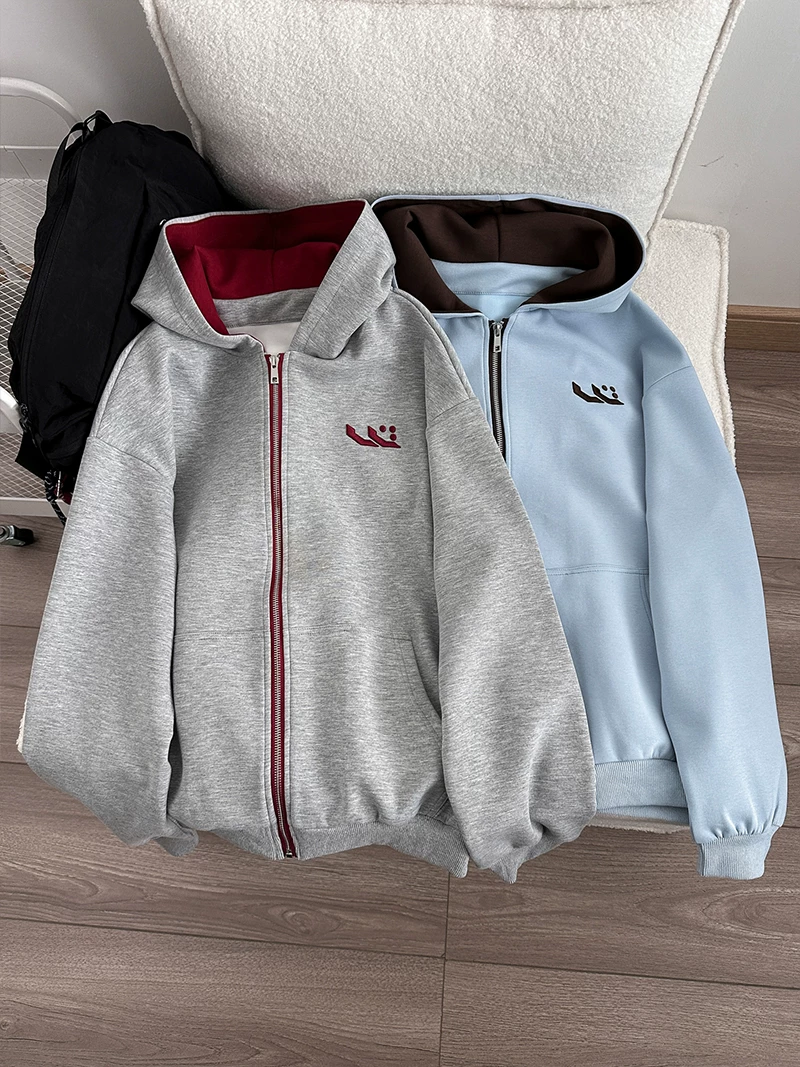 Áo khoác có mũ thêu kiểu Mỹ dành cho nam và nữ, áo khoác có khóa kéo thường ngày mùa xuân thu, áo khoác ngoài rộng rãi hợp thời trang dành cho cặp đôi.