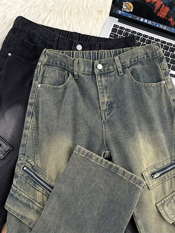 Quần jean nam túi lớn, phong cách retro Mỹ, thương hiệu thời thượng, quần ống rộng dáng suông, phong cách đường phố cá tính, quần dài hơi loe.