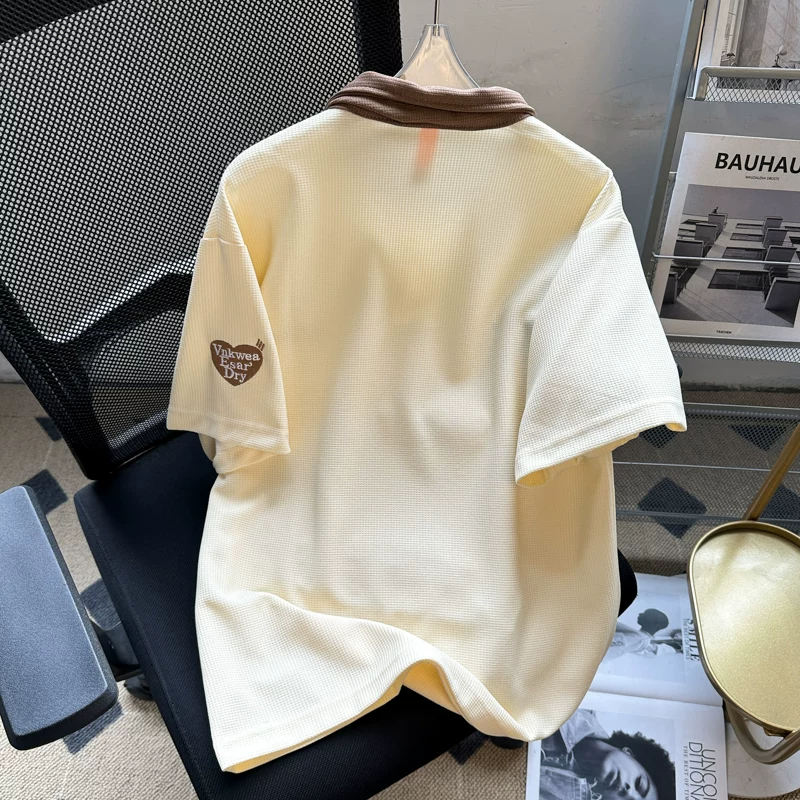 Áo polo thêu phối màu nam tay ngắn, chất liệu waffle, cổ bẻ, kiểu dáng thời trang Mỹ, form rộng, áo đôi, tay lửng mùa hè