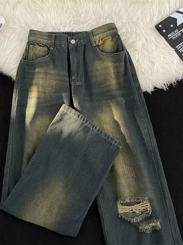 Quần jeans rách phong cách retro Mỹ dành cho nam, quần ống rộng vintage mùa xuân thu, quần thời trang thương hiệu cao cấp, đã qua xử lý làm cũ và tạo hiệu ứng rách.