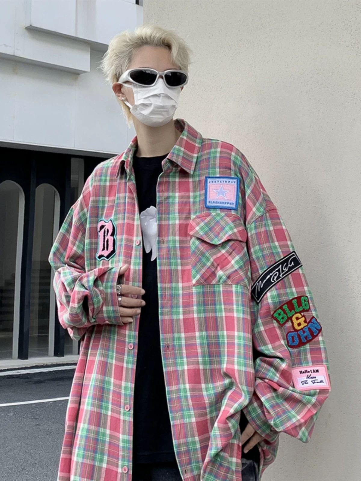 Áo sơ mi kẻ sọc thời trang kiểu Mỹ dành cho nam, áo sơ mi dài tay thêu họa tiết, áo khoác thường ngày dáng rộng cho cặp đôi mùa thu.