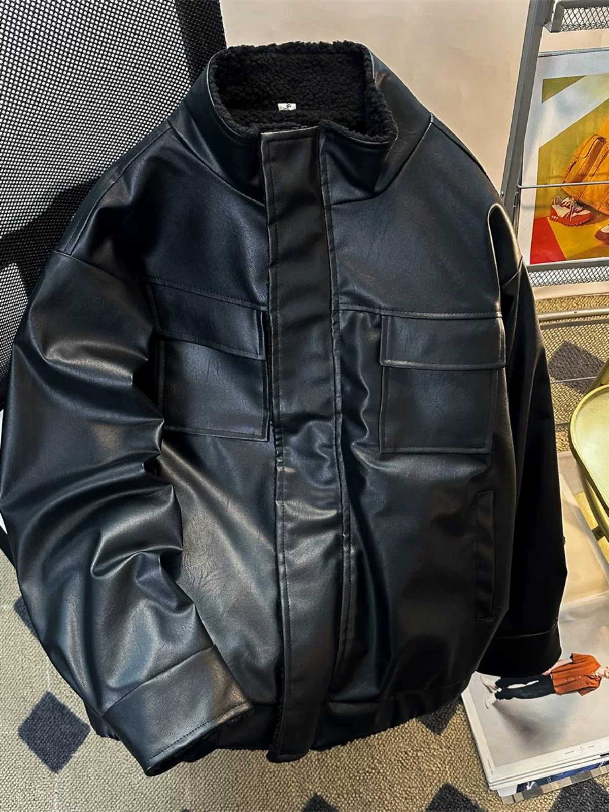 Áo khoác cotton len cừu phong cách retro Nhật Bản dành cho nam, áo khoác cotton da PU kiểu Mỹ mùa đông, quần áo cotton dày dặn ấm áp cao cấp.