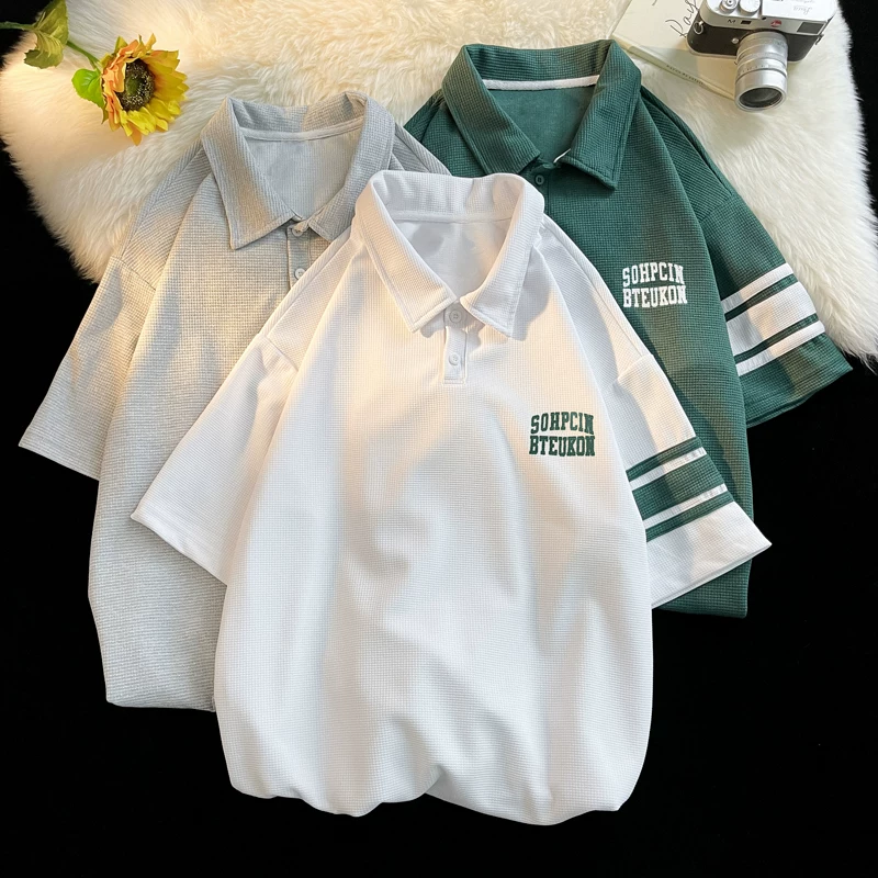 Áo thun waffle kiểu Mỹ dành cho nam, áo polo tay ngắn dáng rộng, thời trang mùa hè, đa năng, áo đôi tay lửng.