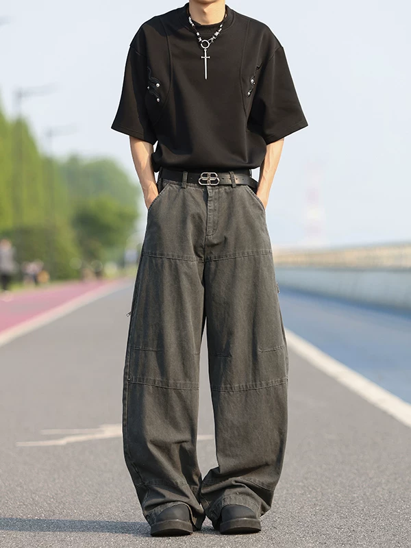 Quần jean denim nam chất liệu dày dặn, kiểu dáng mỏng mùa hè, thương hiệu thời thượng, ống đứng rộng rãi, giặt mài tạo hiệu ứng cũ, dài chạm đất.