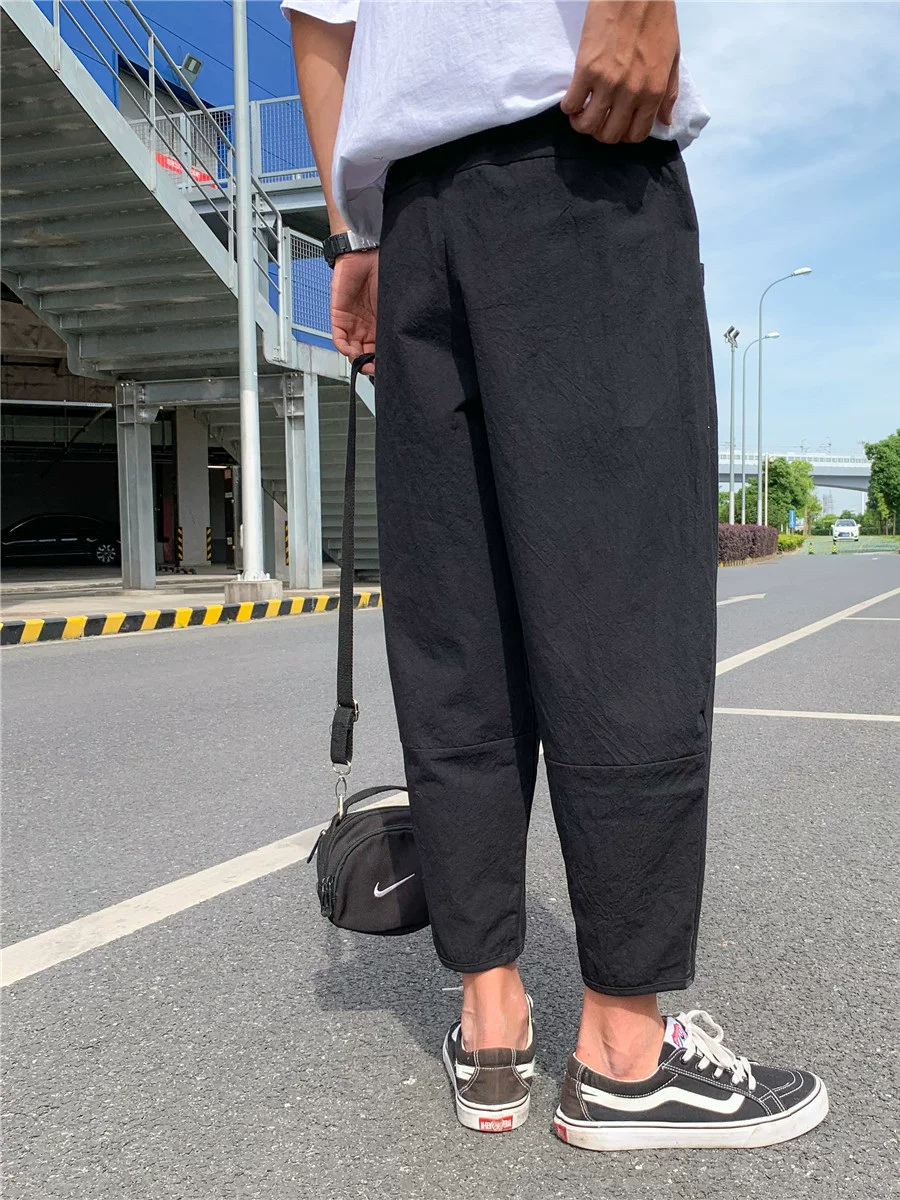 Quần ống đứng màu trơn mỏng phong cách Harajuku mùa hè dành cho nam, quần lửng thời trang Nhật Bản, dáng rộng, dài 9/10, quần thường ngày