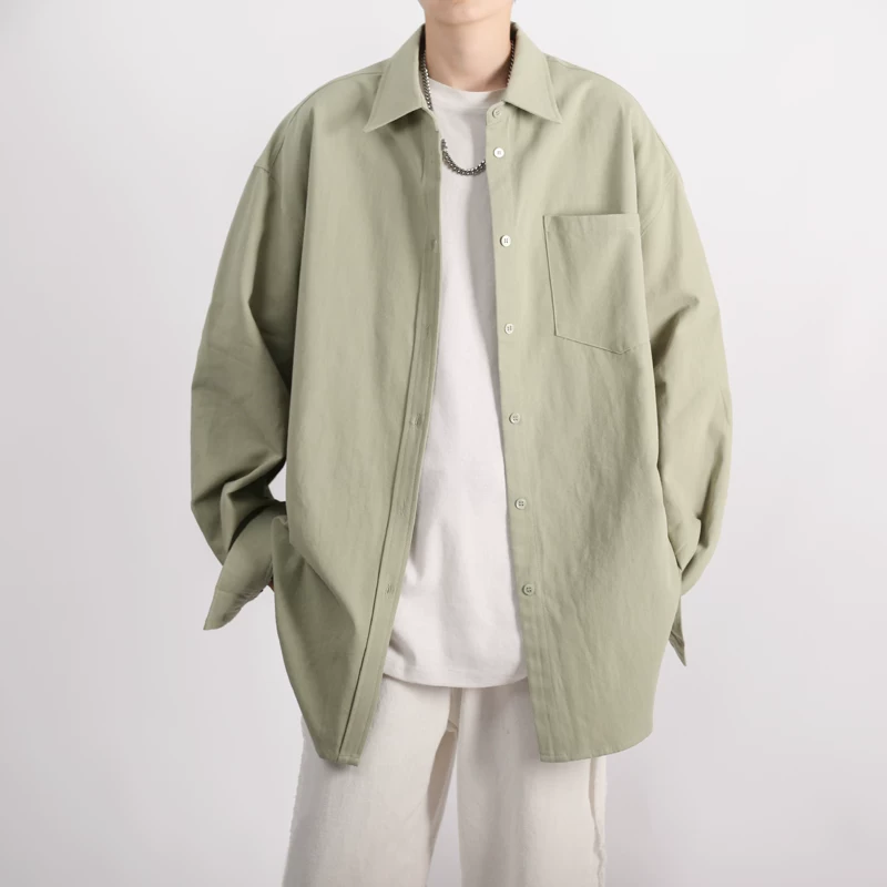 Áo sơ mi dài tay màu trơn cho nam, phong cách Nhật Bản, áo sơ mi thường ngày đơn giản và đa năng, dáng rộng mùa hè, thương hiệu thời thượng, áo khoác nhẹ.