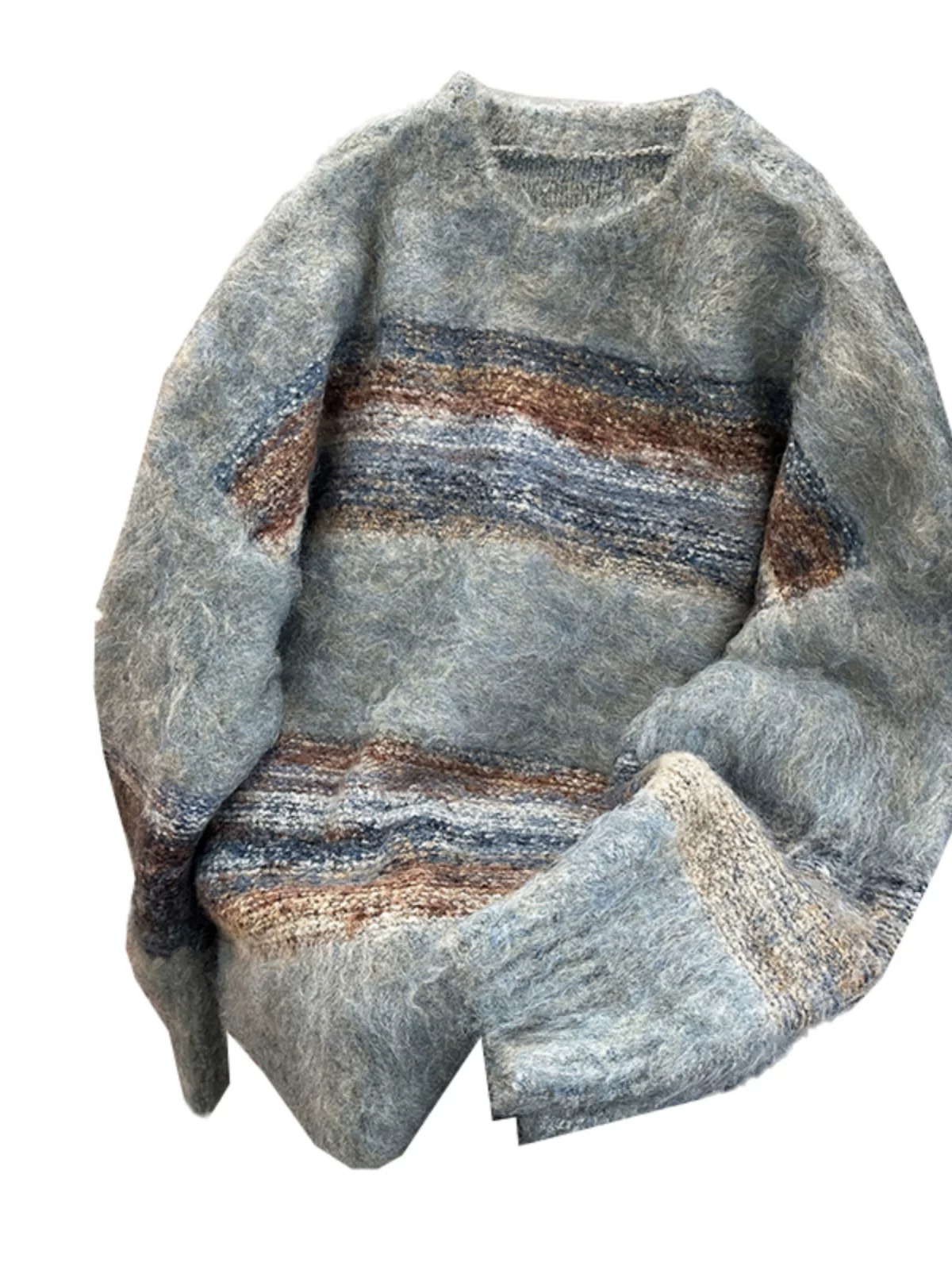 Áo len dệt kim cổ tròn kẻ sọc dành cho nam, phong cách lười biếng mùa thu đông, áo len mềm mại, áo khoác cặp đôi kiểu Mỹ thời thượng, dáng rộng.