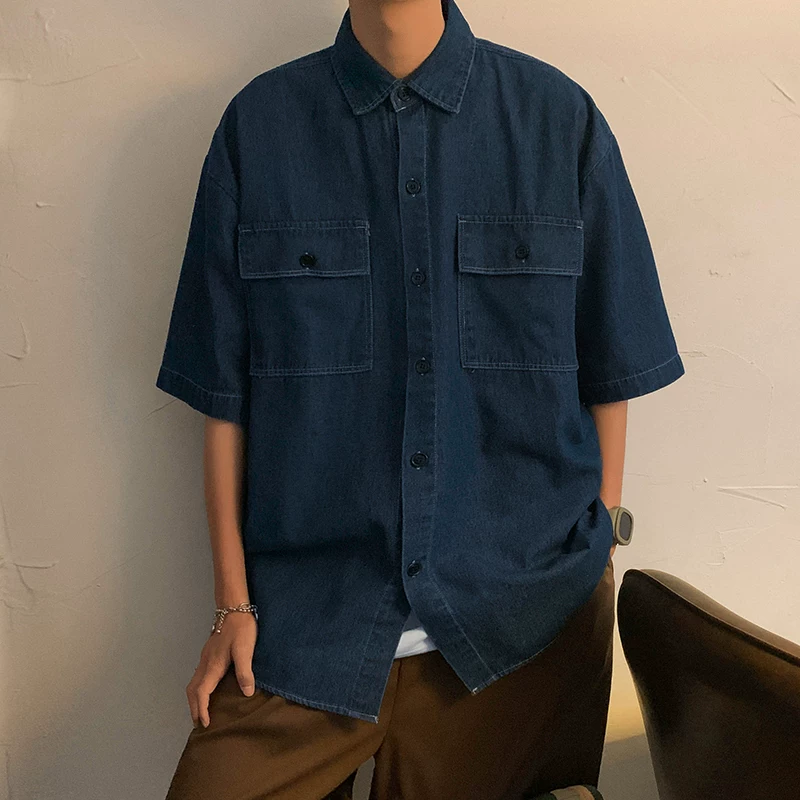 Áo sơ mi denim phong cách retro Nhật Bản dành cho nam, áo sơ mi công sở ngắn tay thương hiệu BF hợp thời trang mùa hè, áo khoác nửa tay rộng rãi thoải mái.