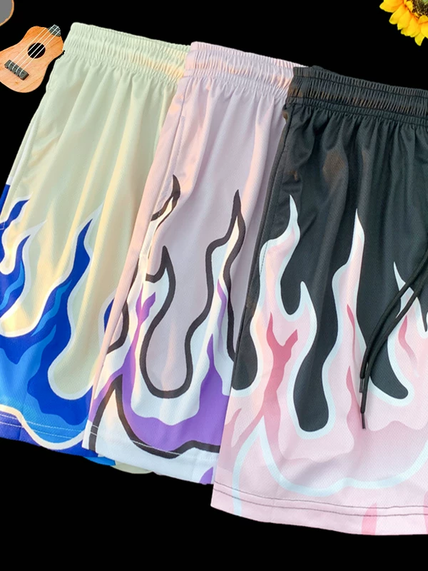 Quần short thể thao nhuộm màu kiểu Flame dành cho nam, quần short bóng rổ hip-hop Mỹ dáng rộng, kiểu dáng mỏng mùa hè, quần năm phần thời trang dành cho cặp đôi.