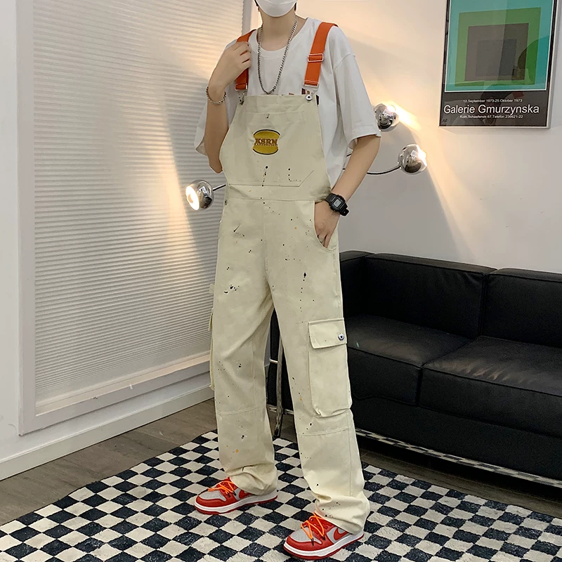 Quần yếm kiểu Mỹ cổ điển dành cho nam, quần jean cặp đôi hợp thời trang mùa xuân thu, quần ống rộng phong cách Hồng Kông.